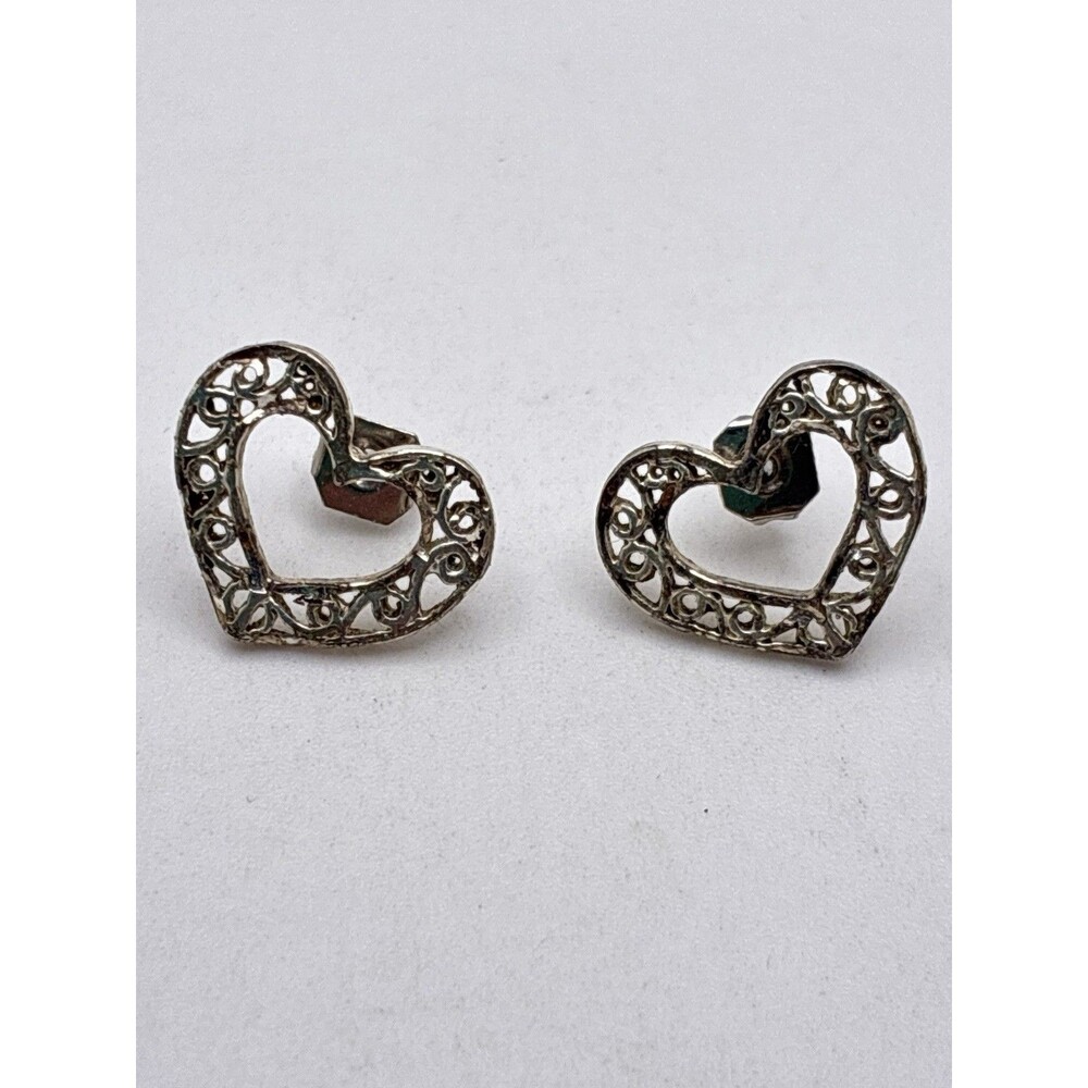 Filigree Open Heart Sterling Silver VTG Stud Earrings Signed Scroll Work